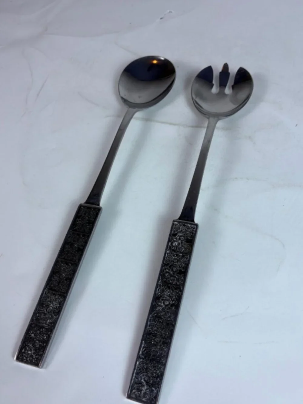 Vintage Stanley Roberts Stainless Japan Salad Serving Set MCM Floral Flatware
